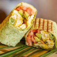 Surfer Dude · Bacon, egg, avocado, and tomato. Provolone on a grilled spinach wrap.