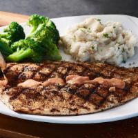 Rainbow Trout · lightly seasoned and wood-grilled (410 cal), served with choice of sauce and two signature s...