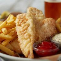 Fish & Chips · Generous portion of Crispy Cod and Tartar Sauce for dipping. Served with french fries or Gue...