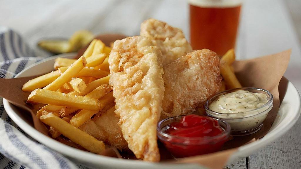 Fish & Chips · Generous portion of Crispy Cod and Tartar Sauce for dipping. Served with french fries or Guest choice of side.