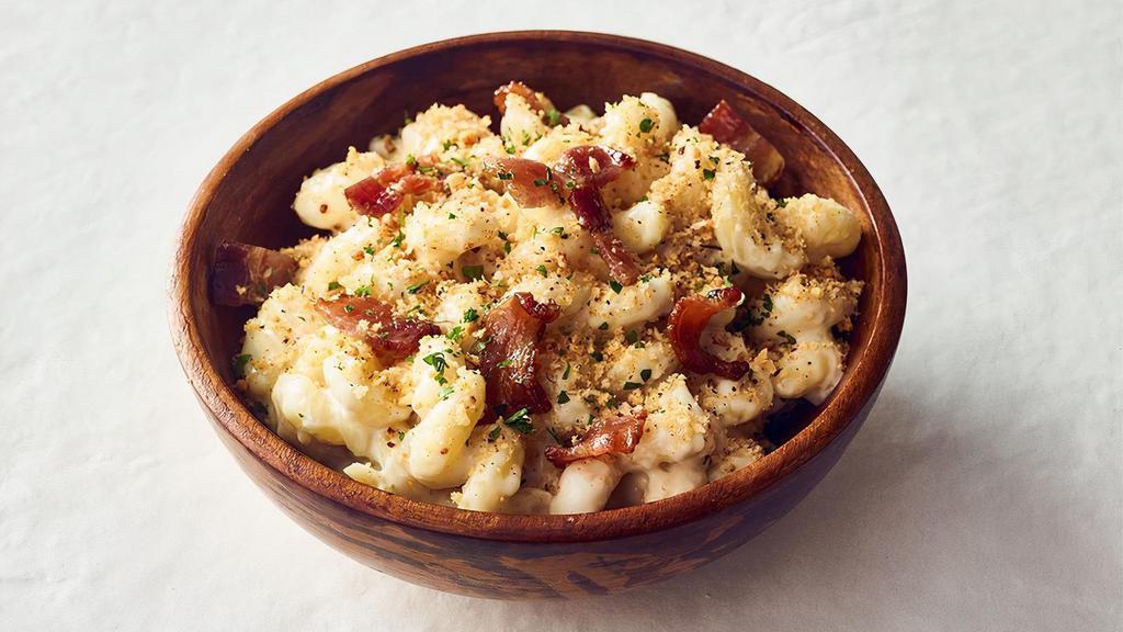 Bacon Mac & Cheese · Delicious, creamy, cheesy, macaroni topped with bacon and breadcrumbs (740 cal)