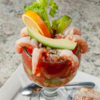 Mexican Shrimp Cocktail · Shrimp combined in a tomato-lime cocktail juice sauce, with chopped tomato, jalapeño, onion,...