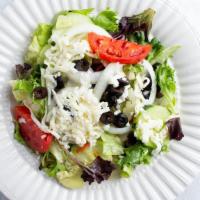 The Ale House Salad · Blended lettuce, spring mix, red onion, cucumber, mozzarella cheese, tomatoes and black oliv...