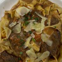 Pappardelle With Short Ribs Ragu · 4-hour slow-cooked boneless short ribs, creamy demi sauce, shaved parmesan.