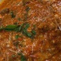 Beef Lasagna · Bolognese sauce, bechamel, ricotta, marinara, parmesan.