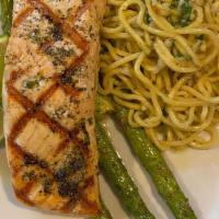 Grilled Salmon · 10oz pacific salmon marinated with mixed herbs. (served with pasta and asparagus).
