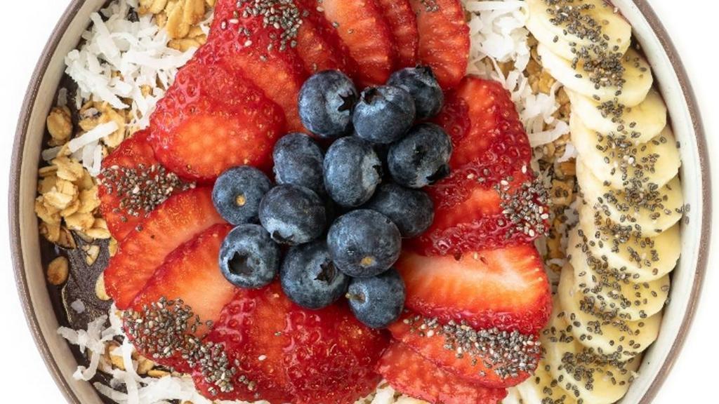 Classic Acai Bowl · organic acai, granola, coconut, banana, blueberry and strawberry, topped with chia seeds and honey.