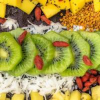 Tropical Acai Bowl · organic acai, coconut, kiwi, mango, and pinapple, topped with hemp seeds and honey.