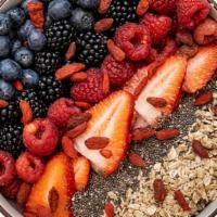 Berries Fruit Bowl · blackberry, blueberry, raspberry and strawberry, topped with goji berries, granola, chia see...