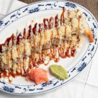 Shrimp Tempura Roll · Shrimp tempura, avocado, cucumber, lettuce inside, topped with crunch, served with eel sauce...
