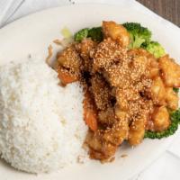 Sesame Chicken · Deep fried crispy chicken with chef special sauce.
served with rice