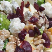 Apple Salad · Fresh cut Romaine Lettuce, Dried Cranberries, Walnuts, Chopped Red Apple, Red Onion and Bleu...