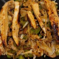 Grilled Chicken Teriyaki · Grilled Chicken over a bed of Rice Pilaf, Grilled Onions, Green Peppers, Mushrooms, and Teri...