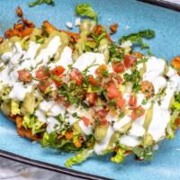 Nopalazo Huarache · Traditional Mexican in this dish we substitute the tortilla (dough) with grilled cactus with...