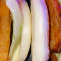 Shimuja Pork Buns · 2 Bao Buns with Pork Belly, Japanese BBQ sauce, lettuce and kewpie mayo