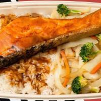 Grilled Salmon Teriyaki · served with white rice and mix vegetables, topped with our signature Teriyaki sauce