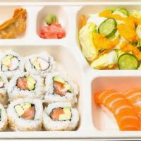 Half & Half Bento Box · Pick a roll with 2 pc Nigiri, salad, gyoza