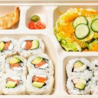 Sushi Bento Box · Pick a roll, 4 pc cali, salad, gyoza
