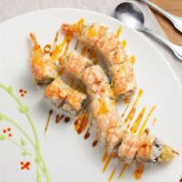 Scorpion King Roll (16) · Shrimp tempura roll, and soft crab roll topped with shrimp, and chef's special spicy sauce, ...