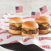 Shoney’S Sliders · 590 Cal. Three fresh, hand-pattied, grain-fed, 100% ground beef mini-burgers topped with Ame...