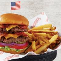 Shoney'S® Double Decker Burger · Topped with four slices of crispy hickory-smoked bacon and four slices of American cheese. S...
