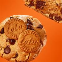 Biscoff Lotus · Vanilla dough. Mixed with dark and milk chocolate chips. Filled with banchetto brownie, cook...