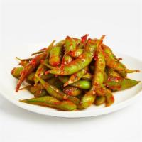 Spicy Edamame · Lightly salted, steamed edamame, tossed with a spicy sauce.