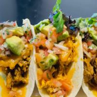 Taco Mix · 3 meat types, one taco of each meat, beef, chicken, n pork, with avocado n pico de gallo.