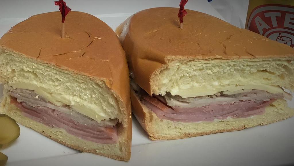 Media Noche · Ham, pork, Swiss cheese, and pickles in a sweet bread.