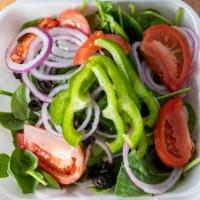Spinach Salad · Fresh spinach, tomatoes, onions, green peppers, black and green olives, mozzarella cheese, f...