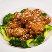 Ad3 Sesame Chicken Dinner · Lightly battered chicken are deep-fried until golden then dressed with translucent, sweet br...
