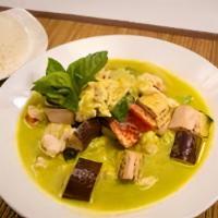 Ad15 - Green Curry Dinner · Your choice of meat simmered in a sweet and spicy coconut milk curry accompanied by fresh ba...