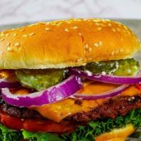 Big As Burger ( 100% Plant-Based ) · 6oz beyond meat patty with  cheddar cheese ,Mayo ,lettuce, tomato, pickle ,onion ,ketchup, a...