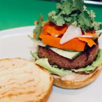 Beyond Mi Burger · Plant-based beyond burger with Pickled Carrots and Daikon, Cucumbers, Jalapeños, Cilantro, B...