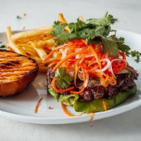 Banh. Com Smash Burger · Fresh Ground Smash Burger with Pickled Carrots/Daikon, Cucumbers, Jalapeños, Cilantro, Bosto...