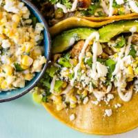 Mexican Street Corn Chicken Tacos · 4- Corn tortillas, marinated grilled chicken, street corn salsa, avocado, cotija cheese and ...
