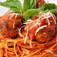 The Stan · Spaghetti, marinara sauce, meatball, mozzarella, basil, garlic.
Includes (1) Homemade Garlic...