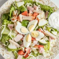 Chef Salad · Mixed greens, sliced ham, turkey, mozzarella, eggs, cucumber, tomatoes, and ranch dressing o...