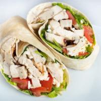 Chicken Caesar Wrap · Grilled chicken with romaine lettuce, tomatoes, mozzarella cheese and Caesar dressing.