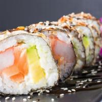 Tiger Roll · Tempurized Roll. Salmon, kani, cream cheese, avocado and masago. Topped with eel sauce. CONS...