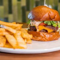 The G Burger · Certified Angus Beef, Queso Fresco, Smash Avocado, Lettuce, Tomato, Pickle Shallots, Cumin M...