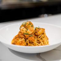 Seafood Carbonara · Spaghetti, Lump Crab, Shrimp, English Pea, Pancetta, Parmesan Cream
