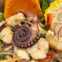 Royal Red Ceviche · Fish, Shrimp, Octopus, Royal Red Sauce, Green & Red Peppers, Onion & Cilantro. Served With C...