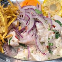 Freshco Ceviche · Fish, Lime Juice, Cilantro & Shaved Red Onions. Served With Corn, Sweet Potato & Tostones St...