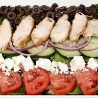 Greek Chicken Salad · Chicken breast, mix green, tomato, black olives, cucumbers, onions and feta cheese.