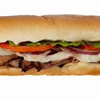 Prime Roast Beef · Hot or cold. Spicy mustard, grilled onions, provolone, mix greens, tomato.