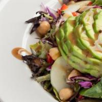 Avocado Salad · Mixed greens, fresh avocado, cucumber, red cabbage, chickpeas, red bell peppers tossed with ...