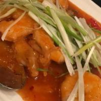 Szechuan Shrimp · Shrimp tomato based, minced onions, garlic & ginger in a spicy Szechuan sauce.