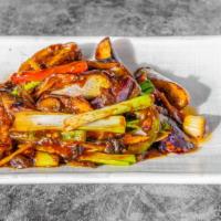 Chinese Eggplant With Garlic Sauce · Chinese eggplant with wood ear, bamboo shoots, red and green peppers in a spicy garlic sauce.