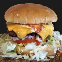 Backyard Burger · Cheese, lettuce, tomato onion, pickle ketchup, mustard, mayo.